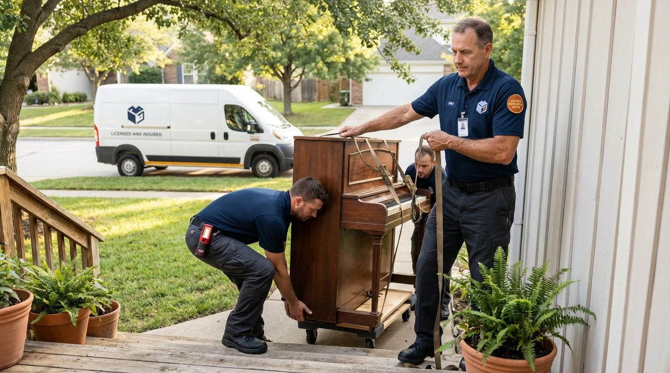 Licensed piano movers securing grand piano in Apalachicola, FL