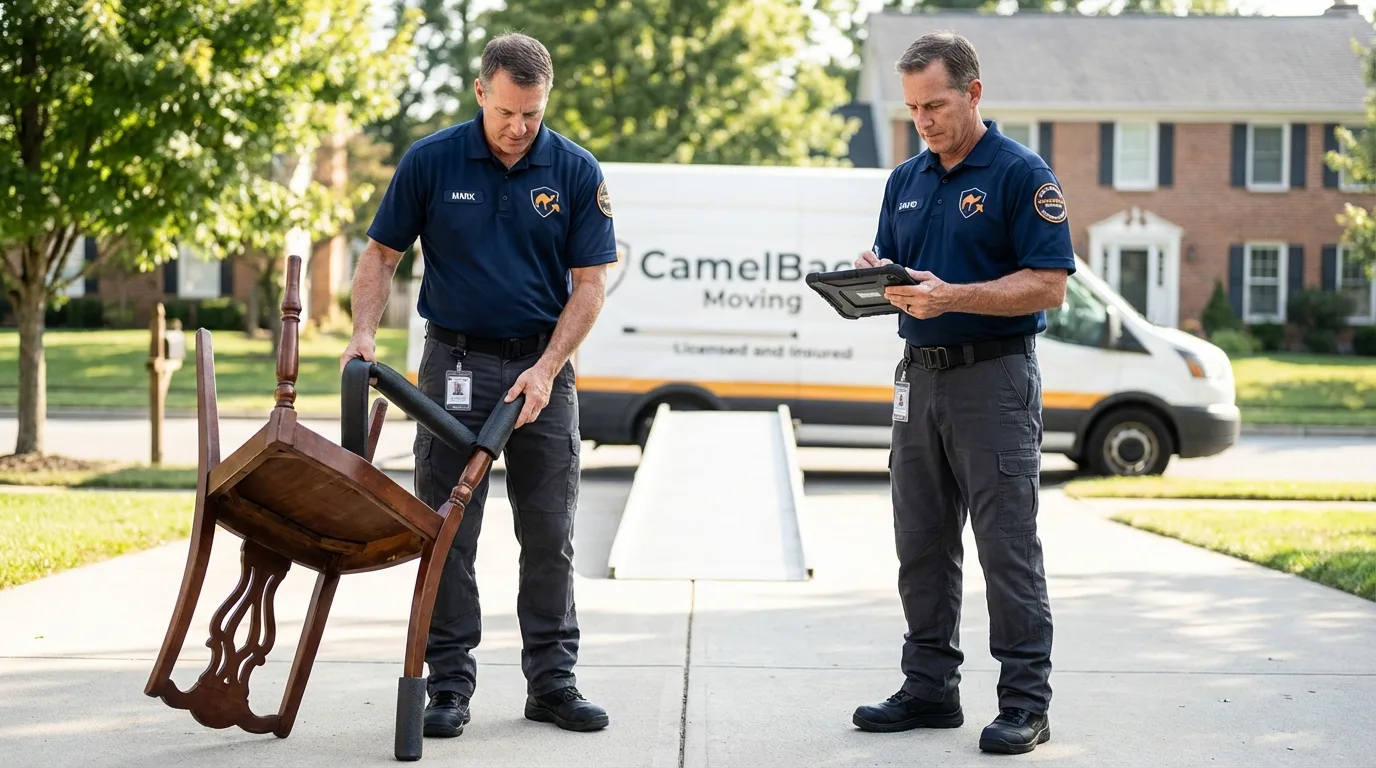 Movers inspecting furniture for damage prevention before loading in Apalachicola, FL